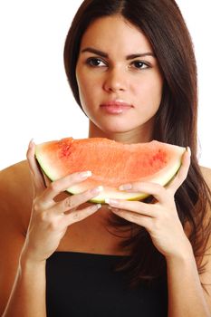  woman hold watermelon in hands isolated on white