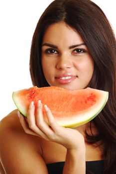  woman hold watermelon in hands isolated on white