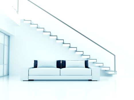 Interior in light tones with a sofa and a ladder on the second floor