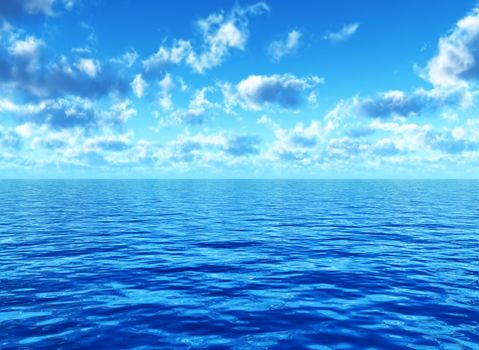 cloudy blue sky leaving for horizon above a blue surface of the sea