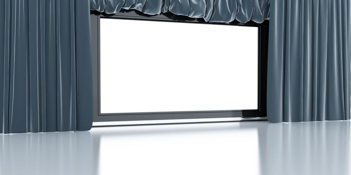 empty white modern screen with blue curtains around