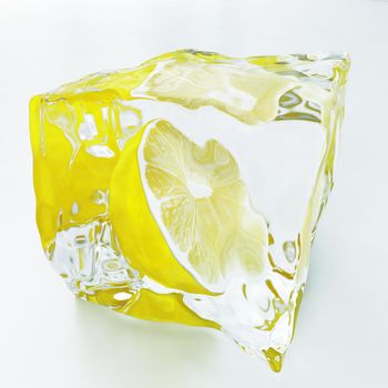 green lemon in the piece of transparent ice on a light background