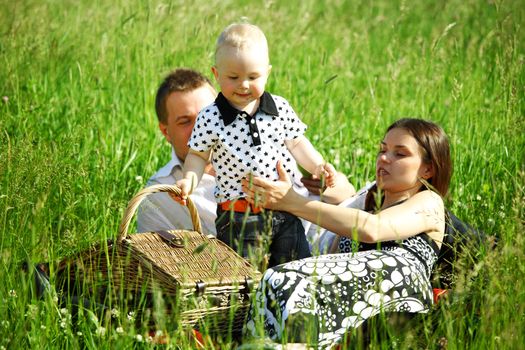  happy family on picnic in green grass