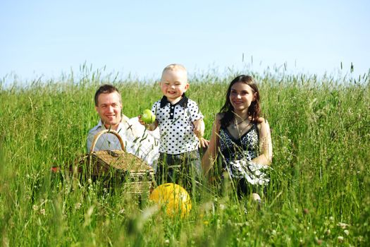  happy family on picnic in green grass