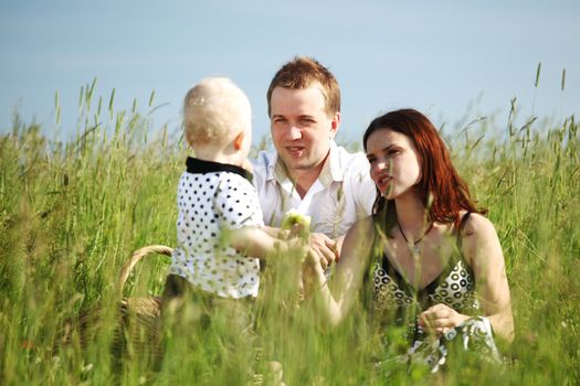  happy family on picnic in green grass