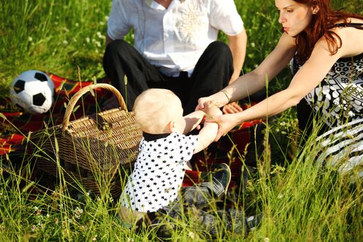  happy family on picnic in green grass