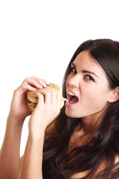 woman eat burger isolated on white background