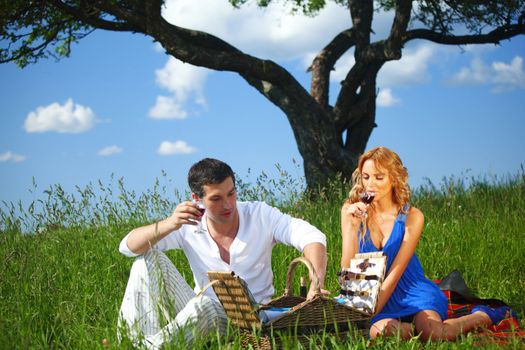 man and woman on picnic in green grass
