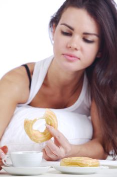 woman wake and see morning coffee