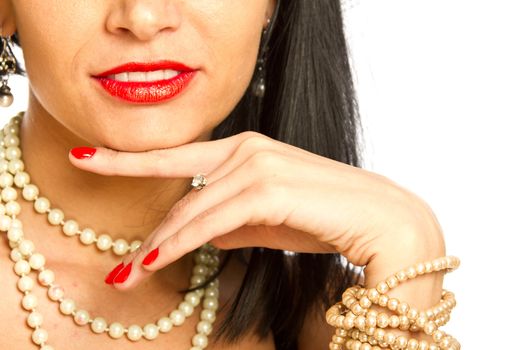 Beatifull fashion model woman with jewelry, dark hair, red lips