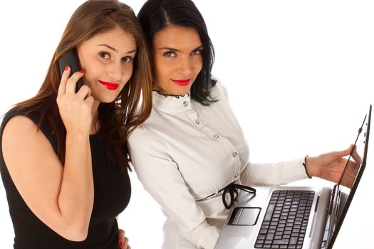 Office woman, business woman working on a laptop while standing 