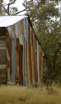 Shack made up of rusting sheets of corrugated iron in rural setting.