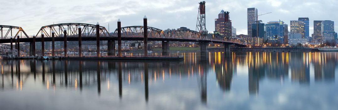 Hawthorne Bridge Over Willamette River with Portland Oregon Downtown Skyline at Dusk Panorama