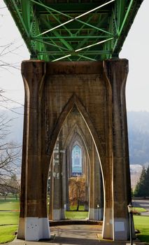 Cathedral like support structure of St. Johns Bridge in Portland Oregon