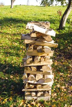 Birch firewood loaded in stack on meadow covered with autumn leaves. Natural organic fuel for fireplace.