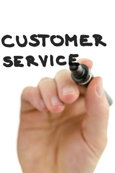 Detail of male hand writing phrase customer service on a virtual screen. Over white background.