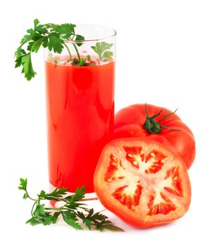 Glass of tomato juice with tomatoes and parsley isolated on white