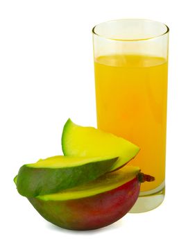 Juice with cut mango isolated on white background