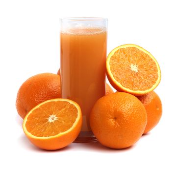 Orane juice and oranges on white background