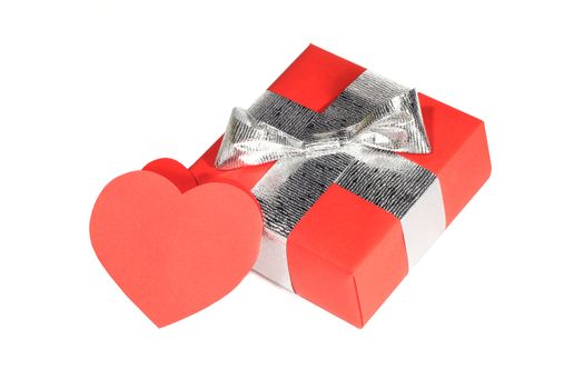 Valentines Day gift in red box with card isolated on white