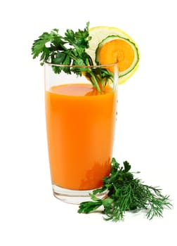 Carrot juice with parsley and dill isolated on white background