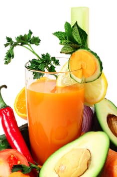 Vegetable juice and different vegetables close-up isolated on white