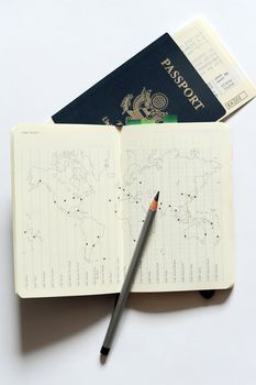 An image of a map and a passport on white background