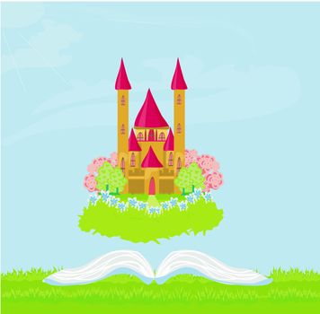 Magic world of tales, fairy castle appearing from the book