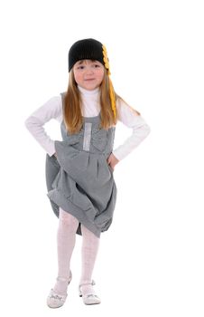 girl in a black knitted hat isolated on white background