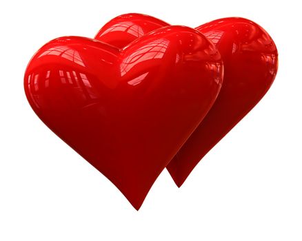 A couple of shiny red hearts on a white background