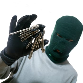 An image of a man in mask with a bunch of keys