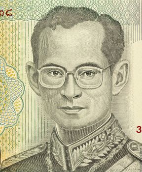 King Rama IX (born 1927) on 20 Baht 2011 Banknote from Thailand. King of Thailand.
