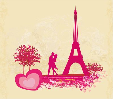 Romantic couple in Paris kissing near the Eiffel Tower. Retro card.