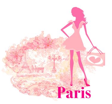 beautiful women Shopping in Paris - vector card