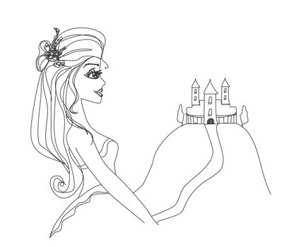 Beautiful young princess in front of her castle - doodle illustration