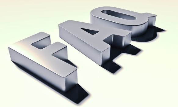 The acronym FAQ. Metal letters with a shadow on a light background