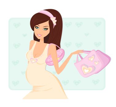 Beautiful pregnant woman on shopping for her new baby. Vector Illustration.