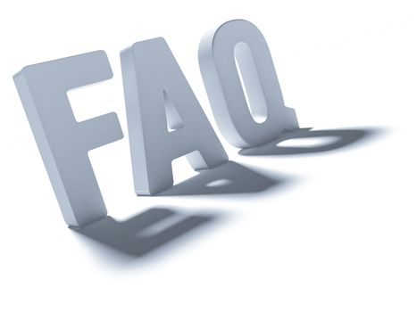 The acronym FAQ. Grey letters with a shadow on a light background