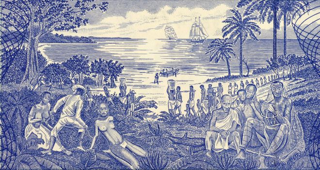 Slave Trade Scene on 500 Pesos 1990 Banknote from Guinea Bissau.