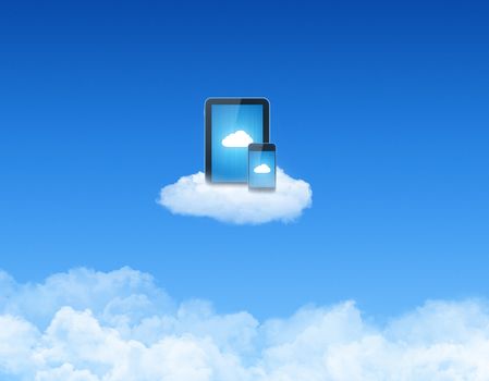 Modern tablet pc with mobile smart phone on a cloud. Conceptual image on cloud computing theme.