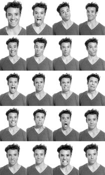 Young man face expressions composite black and white isolated.