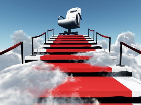 upwards stairs and modern armchair in the end of a way in environment of clouds and sky