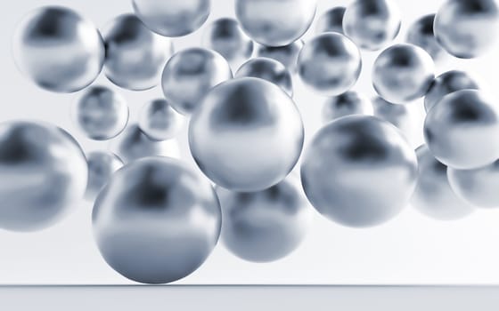 Falling and hitting gray metallic spheres on a white background