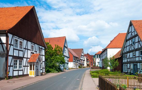 Romantic half-timbered old houses. A typical German village. Panorama