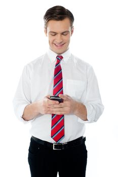 Happy business person busy texting against white background