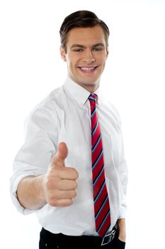 Young business executive showing thumbs up gesture isolated on white