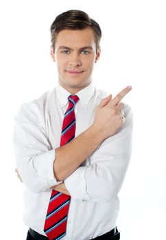 Smart businessperson pointing up over a white background