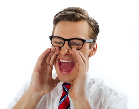 Excited businessman with glasses shouting loudly