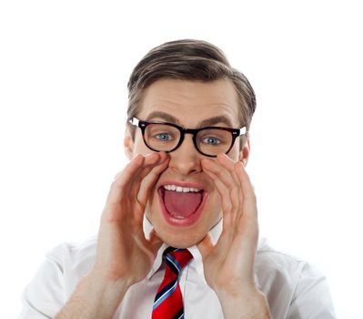 Excited businessman shouting in joy, closeup shot