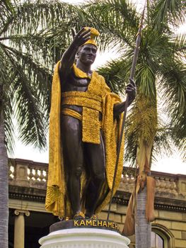 King Kamehameha Statue in front of Judiciary Building of downtown Honolulu. This statue was created in 1878 by Walter Gibson. Kamehameha I (1758�1819), also known as Kamehameha the Great, conquered the Hawaiian Islands and formally established the Kingdom of Hawaii in 1810. By developing alliances with the major Pacific colonial powers, Kamehameha preserved Hawaii's independence under his rule. Honolulu, Oahu Island, Hawaii Islands.